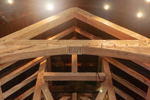 Reconstructed wooden frame inside the Jamestown Memorial Church