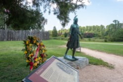 The famous Pocahontas statue at Jamestown Island with a wreath placed by the Jamestown Society